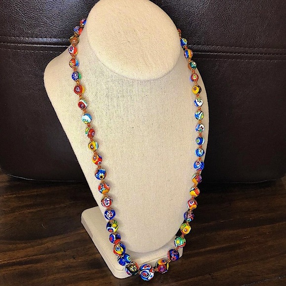 VINTAGE Graduated Millefiori Italian Hand Blown Glass Bead Necklace 24” - Picture 13 of 15